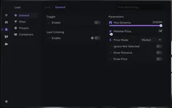 Interface of the Escape From Tarkov cheat by Ancient — loot general section