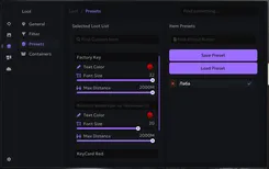 Interface of the Escape From Tarkov cheat by Ancient — loot presets section