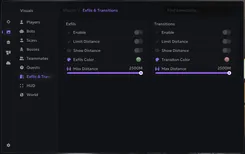 Interface of the Escape From Tarkov cheat by Ancient — visual exfils and transitions section
