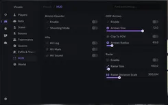 Interface of the Escape From Tarkov cheat by Ancient — visual hud section