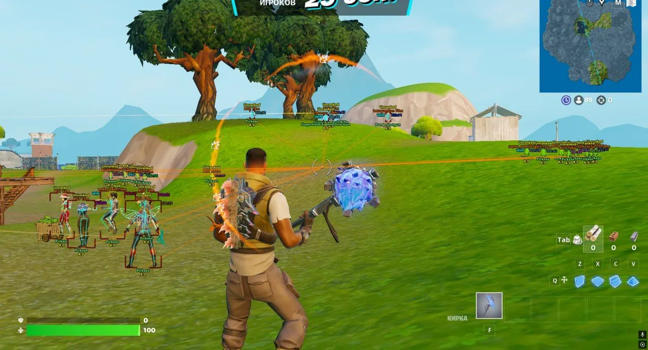 Fortnite gameplay with the Ancient cheat — showing core functions in start zone
