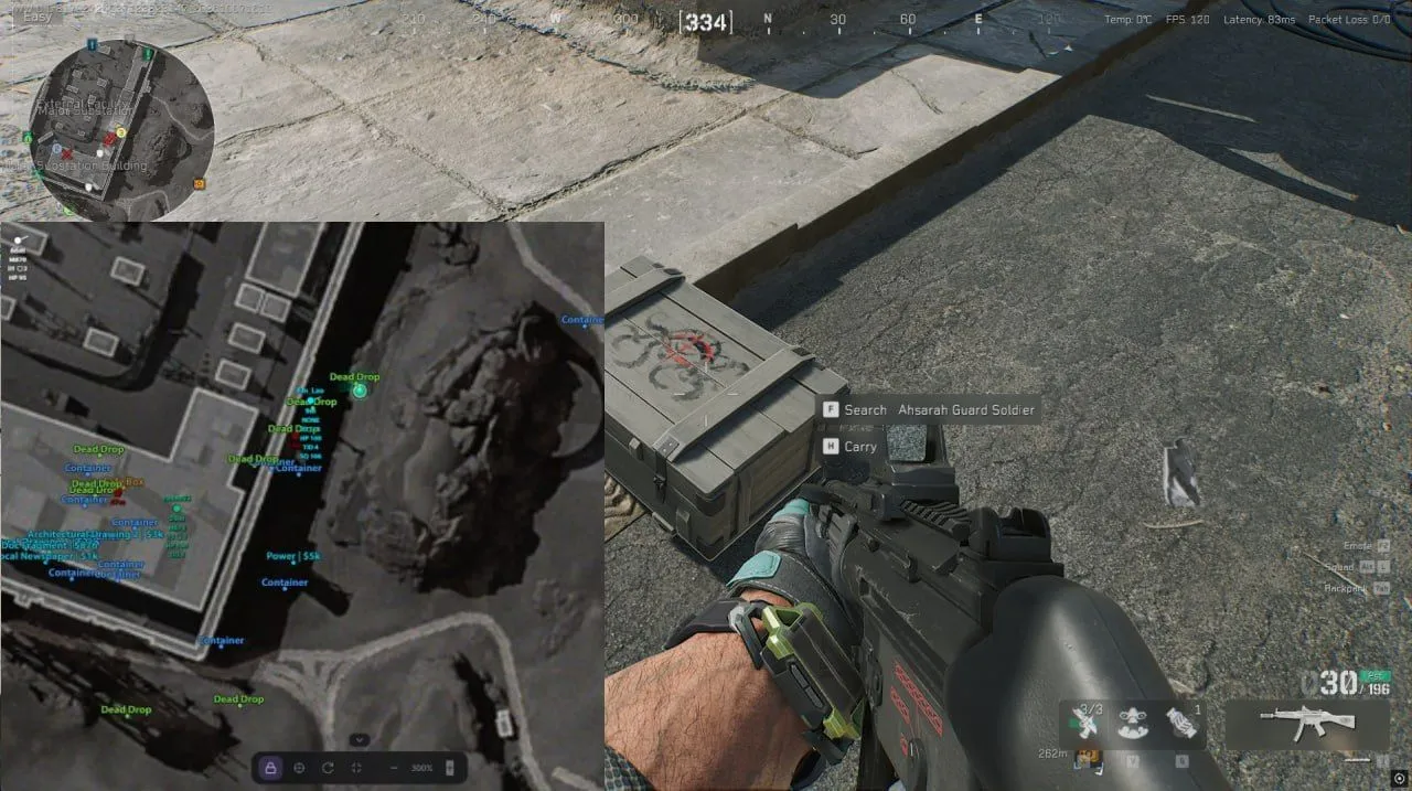 Ancient Radar beside Delta Force: Hawk Ops gameplay on an Operations map: containers labelled Dead Drop, Box and Container, items with prices such as $5k, while the player searches a crate