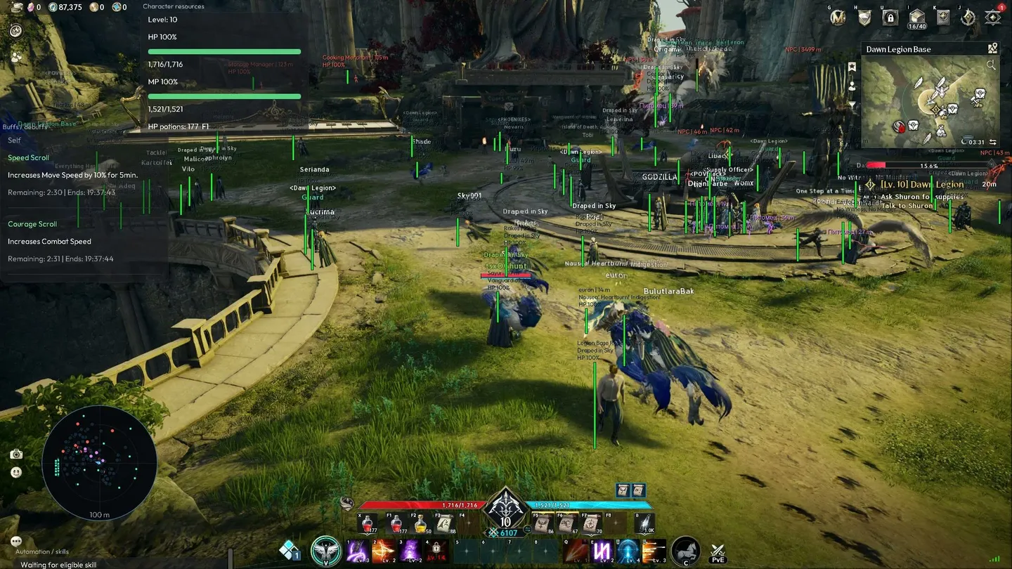 Xernel ESP in Aion 2 in a green valley: markers and names on players, monsters and resources, buff panel top left, radar bottom left