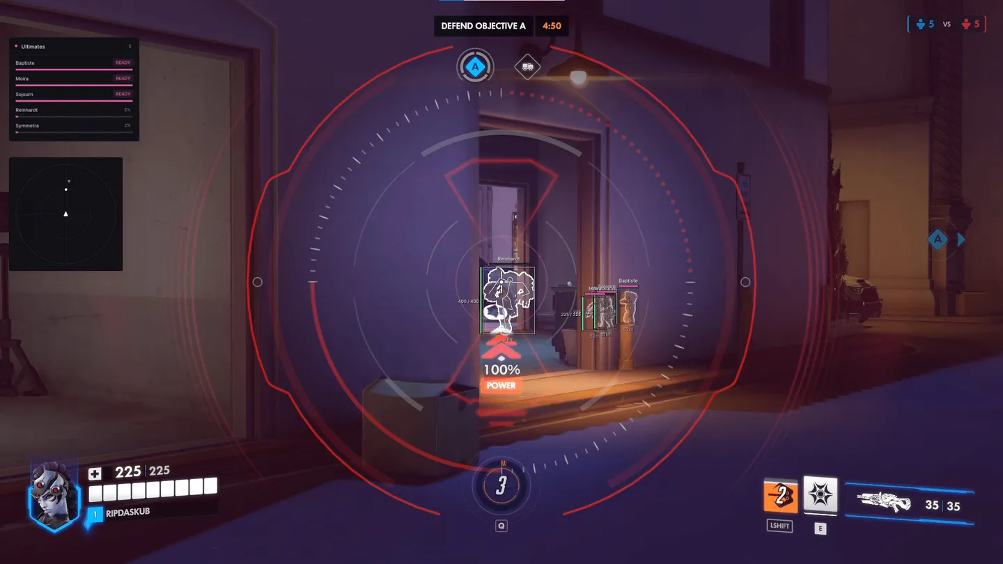 UDP in Overwatch through a sniper scope on Defend Objective A: an enemy skeleton with 100% ultimate charge, the ultimates panel and radar on the left