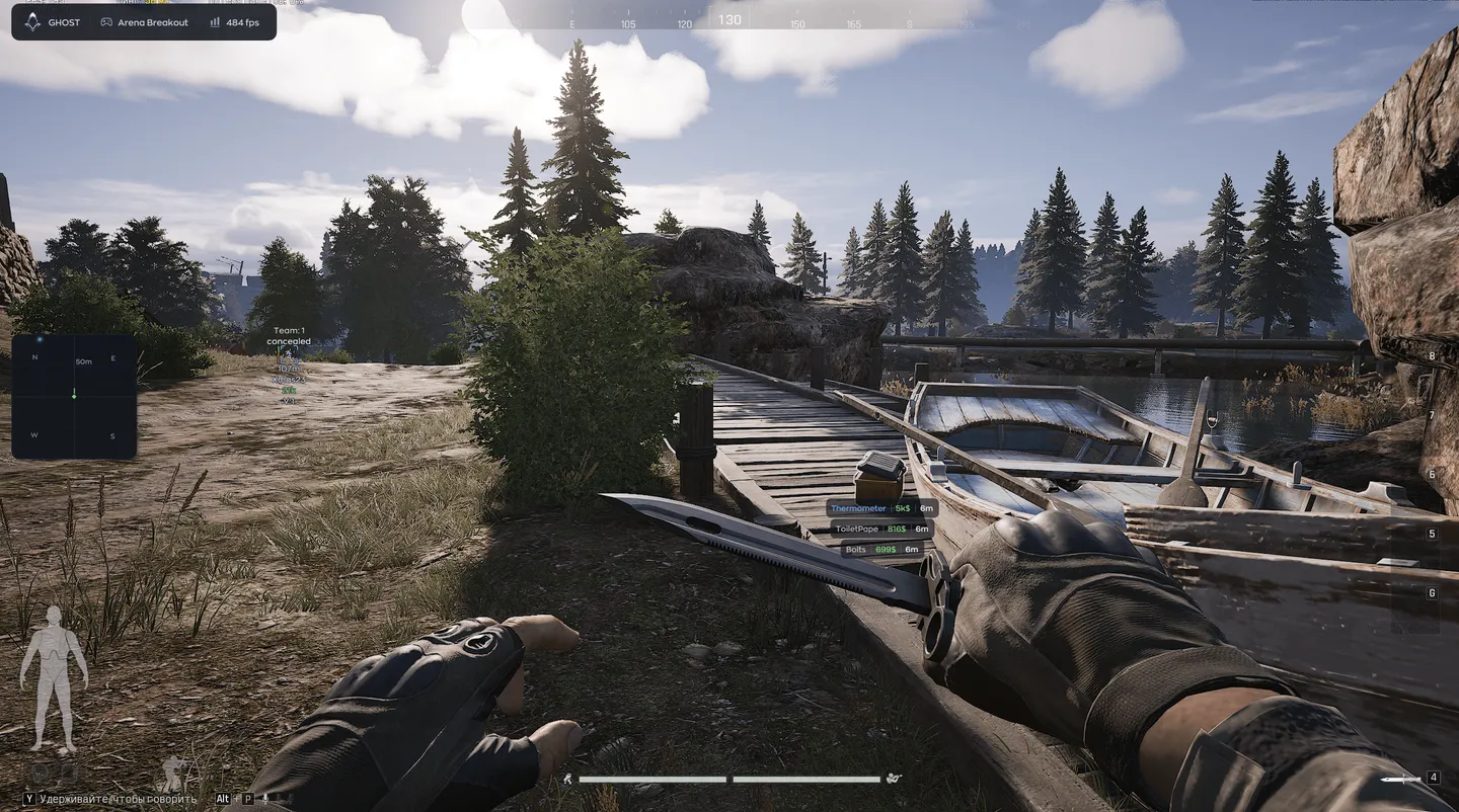Arena Breakout: Infinite lakeside dock with Ghost Full: an item label next to a boat and the radar in the corner