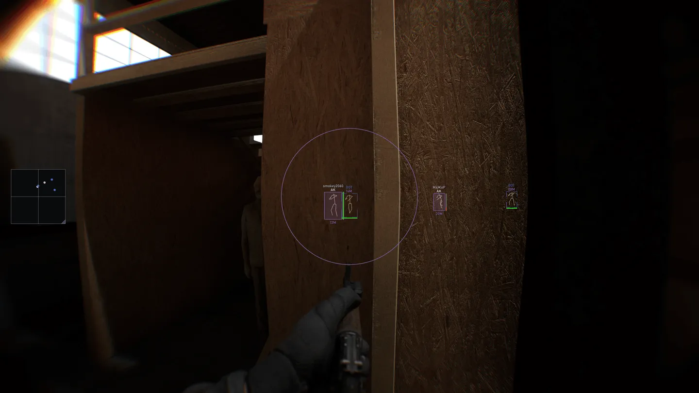 Four targets read through a plywood wall in Bodycam at 13, 14, 20 and 28 m, boxes with skeletons, AK labels and health bars, bots in blue and players in purple, radar in the top left corner