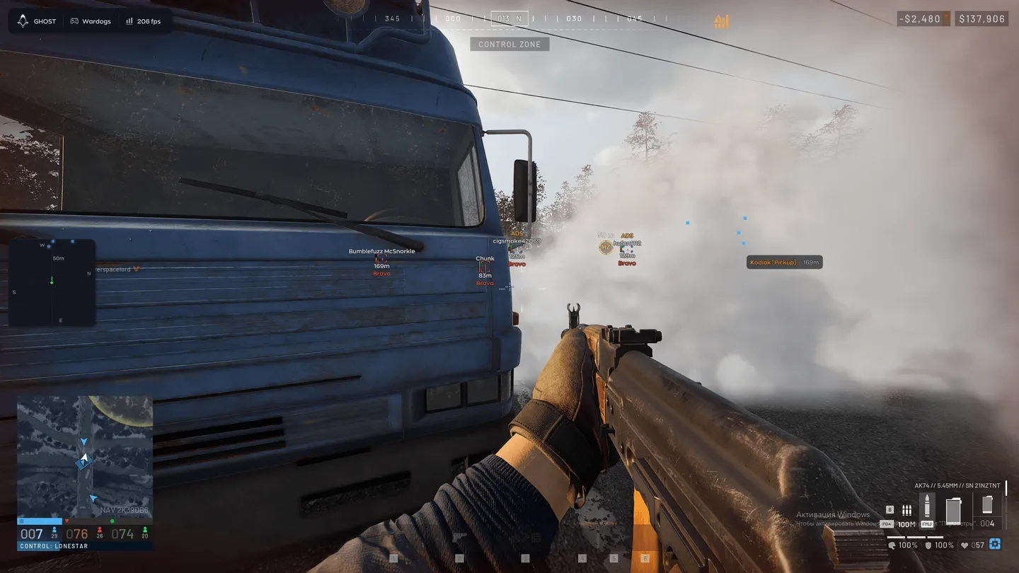 Ghost in Wardogs through smoke next to a truck: ESP boxes, names and distance on enemies, ADS tags on two aiming players, a Kodiak pickup at 169 m