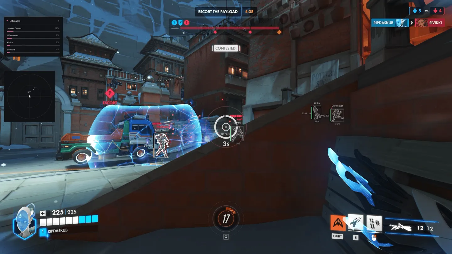 UDP in Overwatch on an escort map: enemy skeletons behind a barrier, the aim circle on a target, the ultimates panel and radar on the left