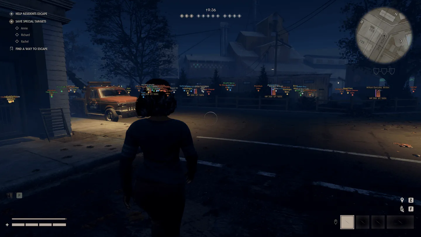 Arcane item ESP in Halloween: The Game on a street: dozens of color-coded item labels with distance, from a shotgun and road flare to a sedan key and ancient amulet