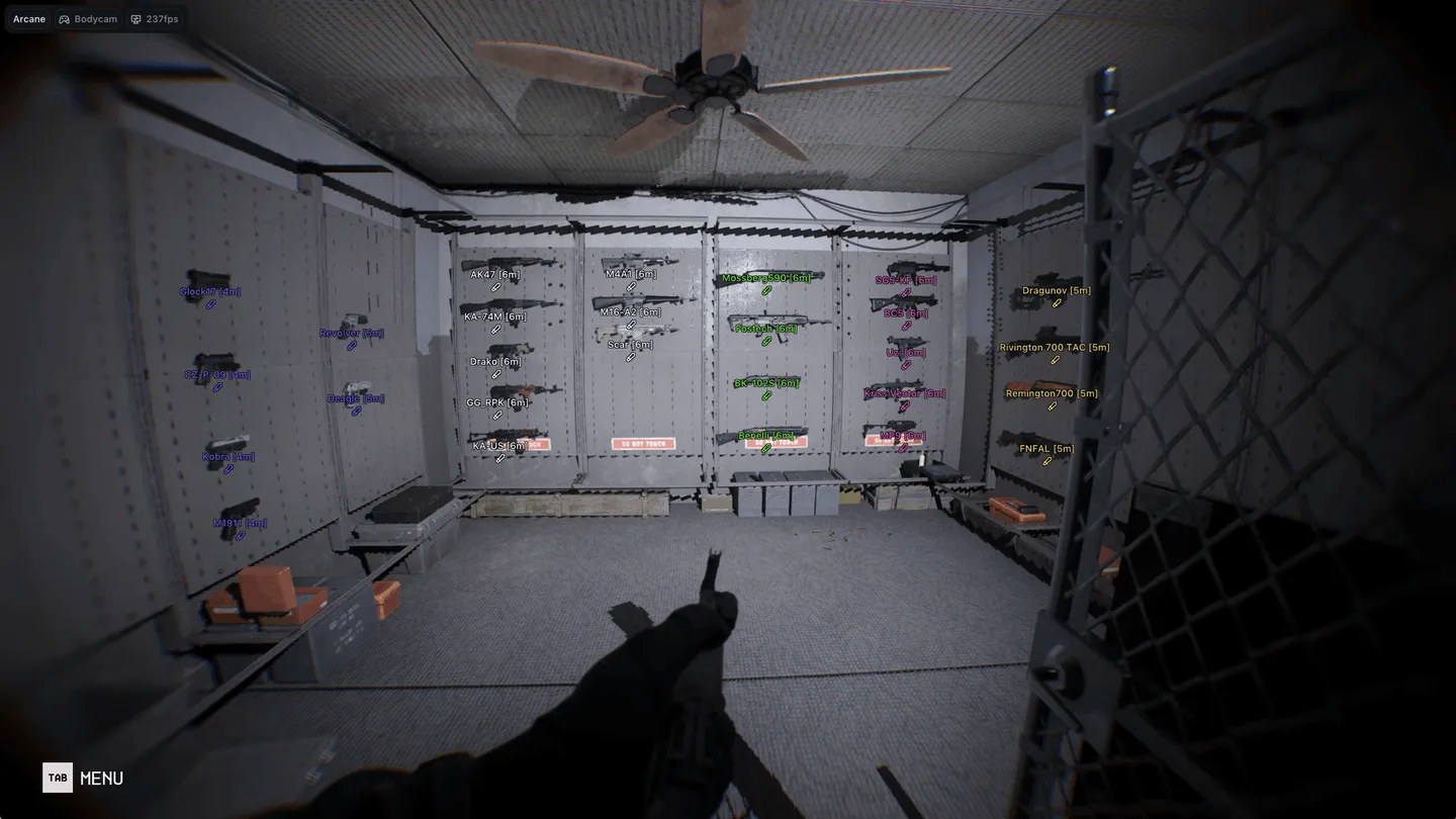Arcane weapon ESP in Bodycam inside an armory: guns on the racks labeled by name and distance, colored by category from pistols and AK rifles to Dragunov and FN FAL