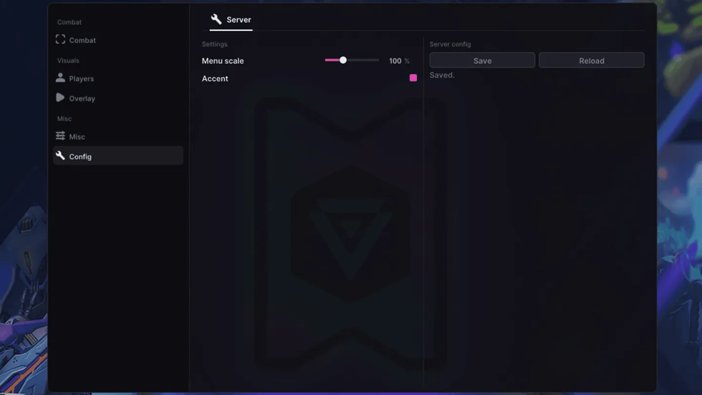 UDP menu for Overwatch on the Config tab: menu scale, accent, save and reload of the server config