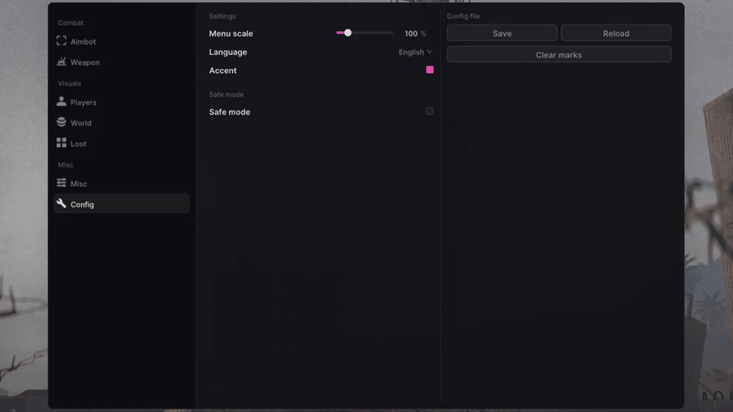 UDP menu for Rust on the Config tab: menu scale, language, accent color, safe mode, save, reload and clear marks