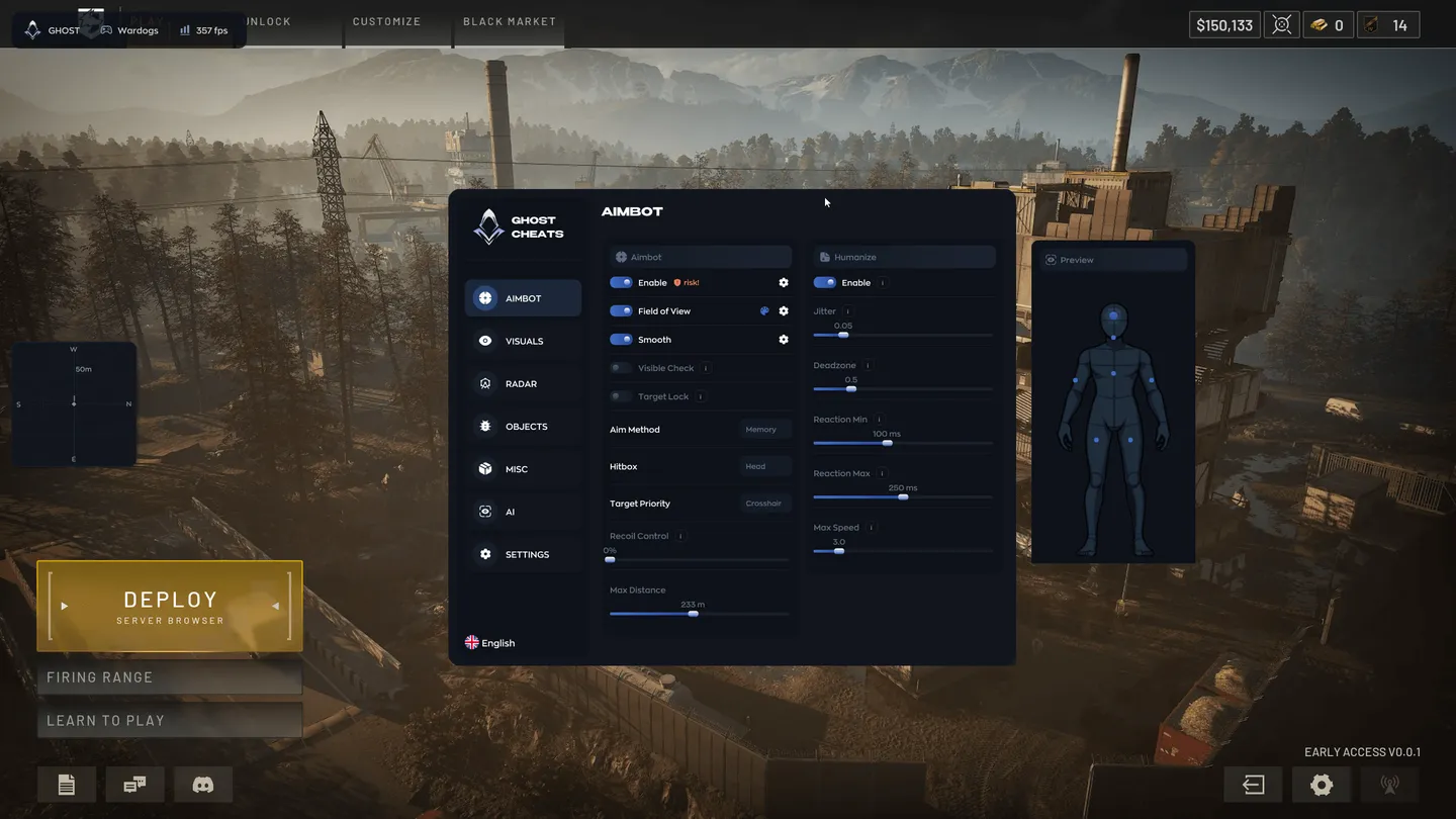 Ghost Wardogs menu, Aimbot tab: FOV, smooth, aim method, hitbox, target priority, recoil control and max distance, plus Humanize with jitter, deadzone, reaction and max speed