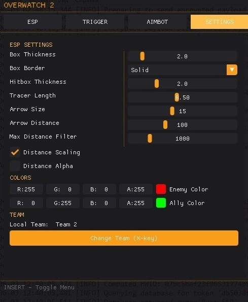 Interface of the Overwatch cheat by Mason — section 2
