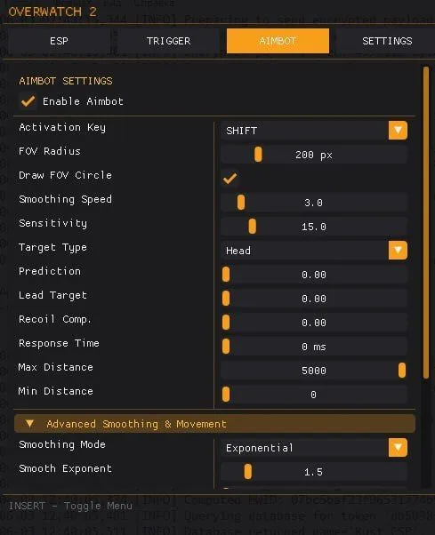 Interface of the Overwatch cheat by Mason — section 3