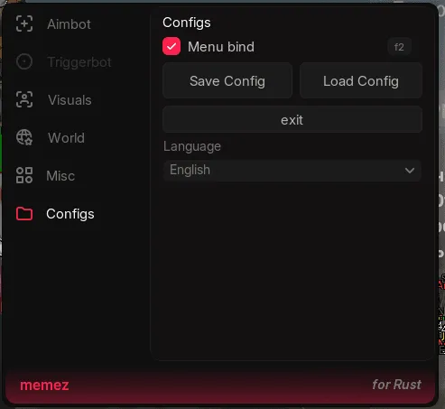 Interface of the Rust cheat by Memez — section 5