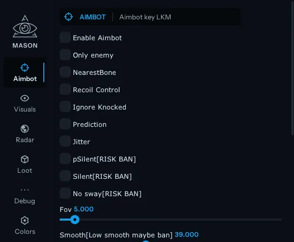 Interface of the Apex Legends cheat by Mason — section 1