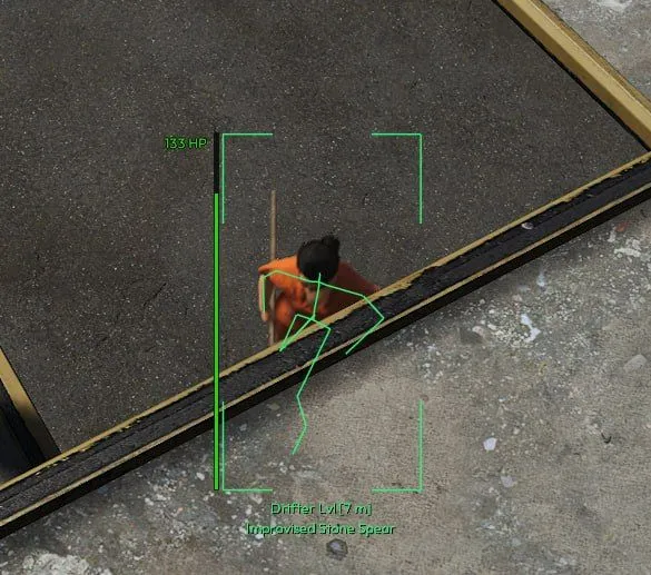 Xernel NPC ESP in SCUM from above: a Drifter at level 1 and 7 m with an improvised stone spear, 133 HP bar, green corner box and skeleton