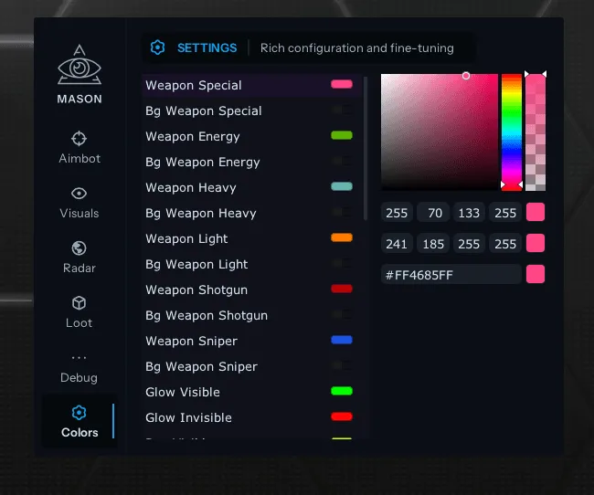Interface of the Apex Legends cheat by Mason — section 4