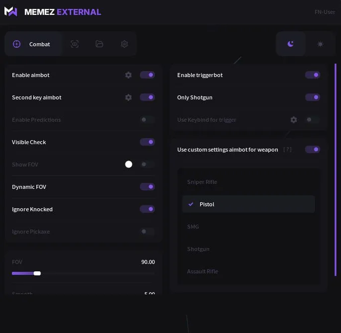 Interface of the Fortnite cheat by Memez — section 2