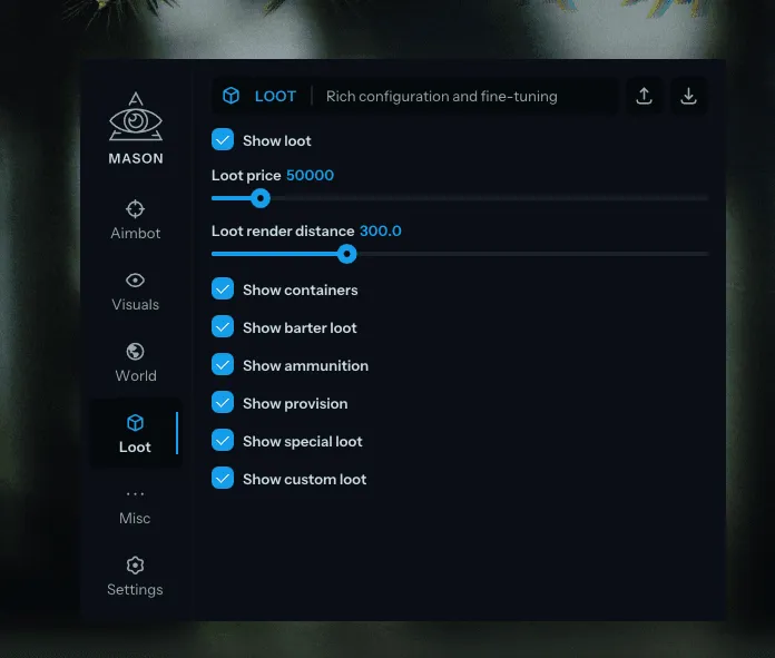 Interface of the Escape From Tarkov cheat by Mason — section 6