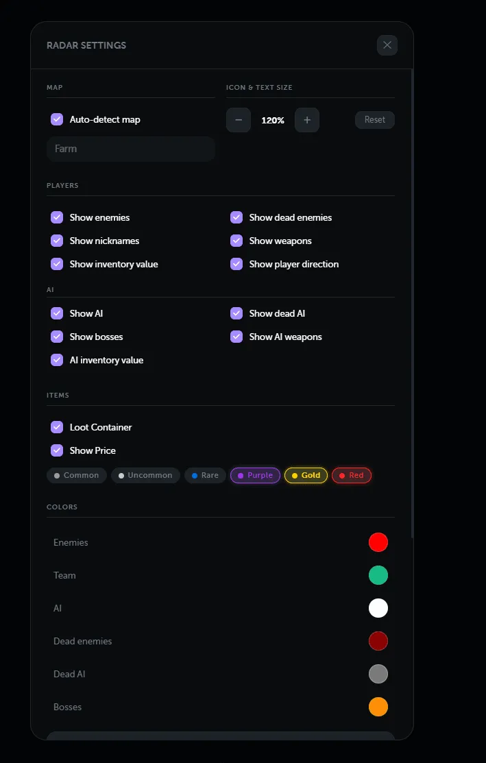 Interface of the Arena Breakout: Infinite cheat by Ancient — section 1