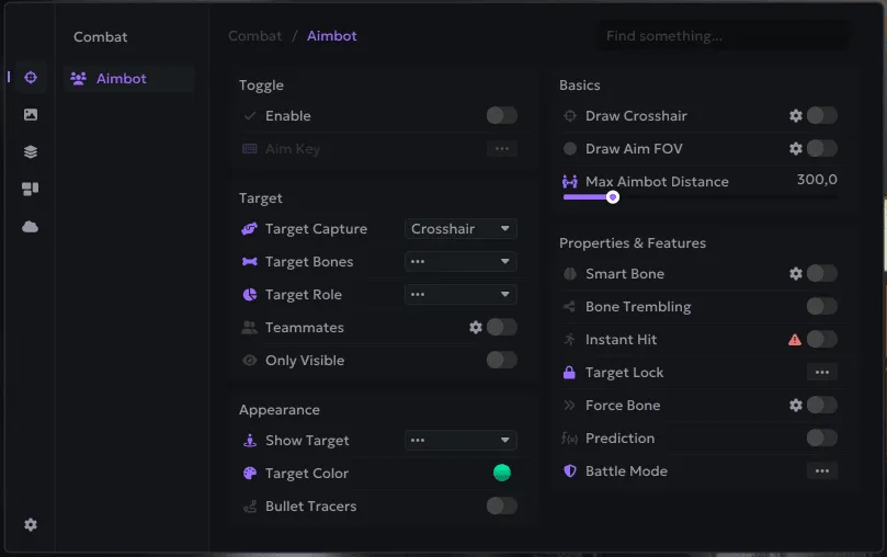 Interface of the Escape From Tarkov cheat by Ancient — aimbot section