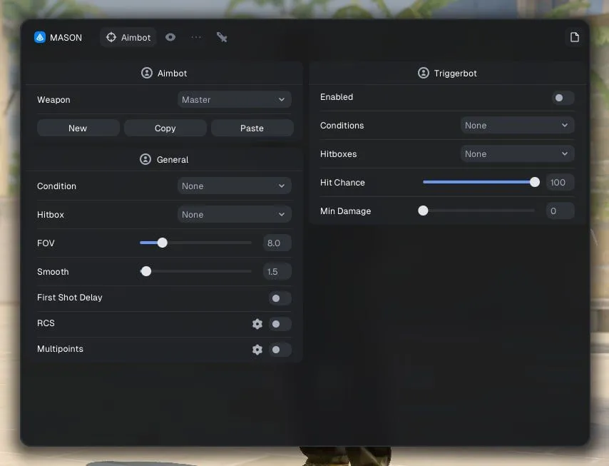 Interface of the CS2 cheat by Mason — section 4