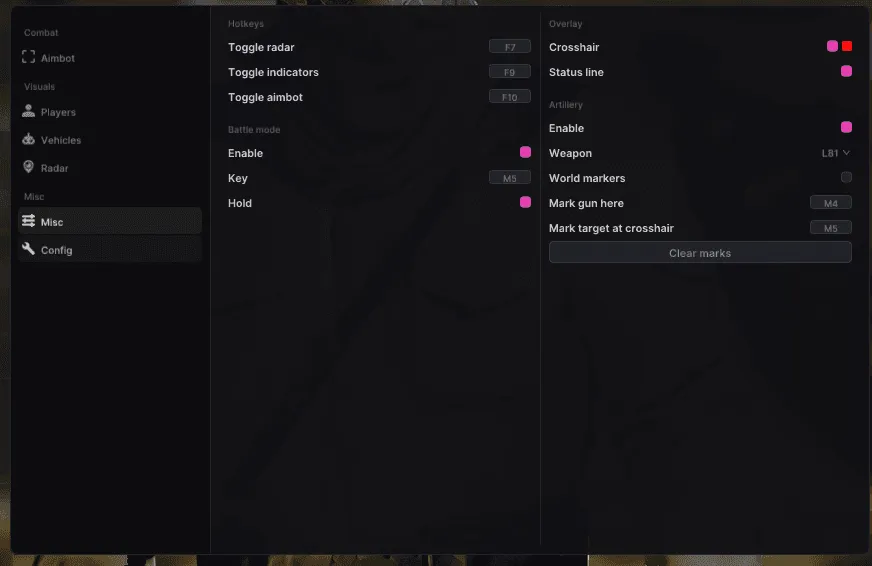 UDP Wardogs menu, Misc tab: hotkeys for radar, indicators and aimbot, battle mode, crosshair, status line and artillery marks for the L81