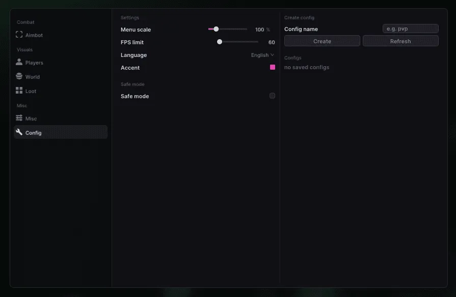 UDP menu for Escape from Tarkov, Config tab: menu scale 100%, FPS limit 60, language English, accent colour, safe mode and config creation